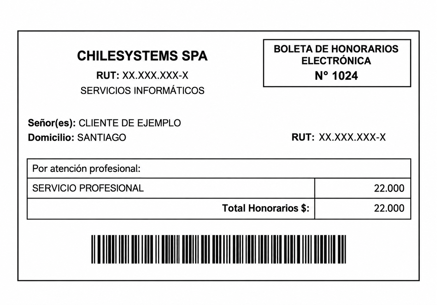 Presentación de una boleta de honorarios: CHILESYSTEMS SPA, cliente de ejemplo y servicio profesional. Datos ilustrativos, sin validez tributaria.